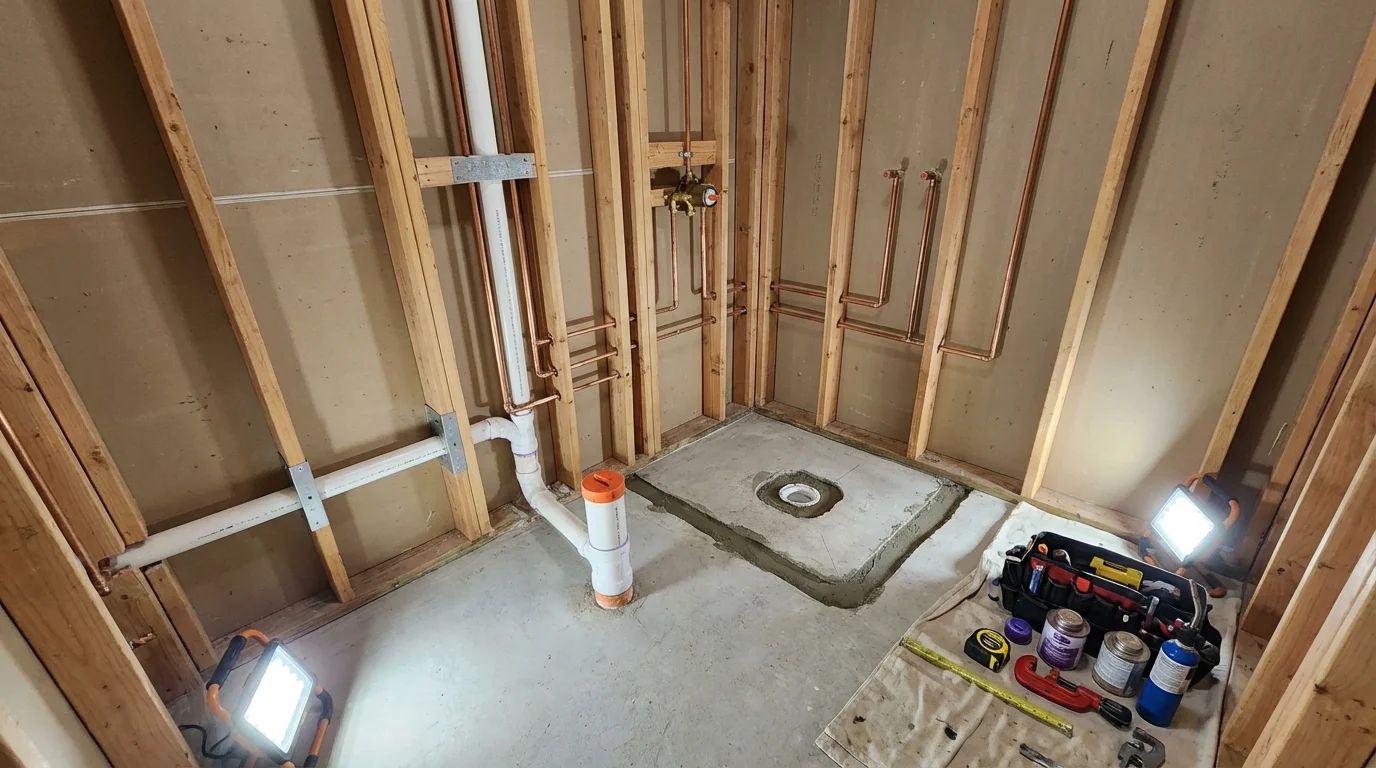 Bathroom rough-in plumbing during remodel by Johns Plumbing LLC in Sterling