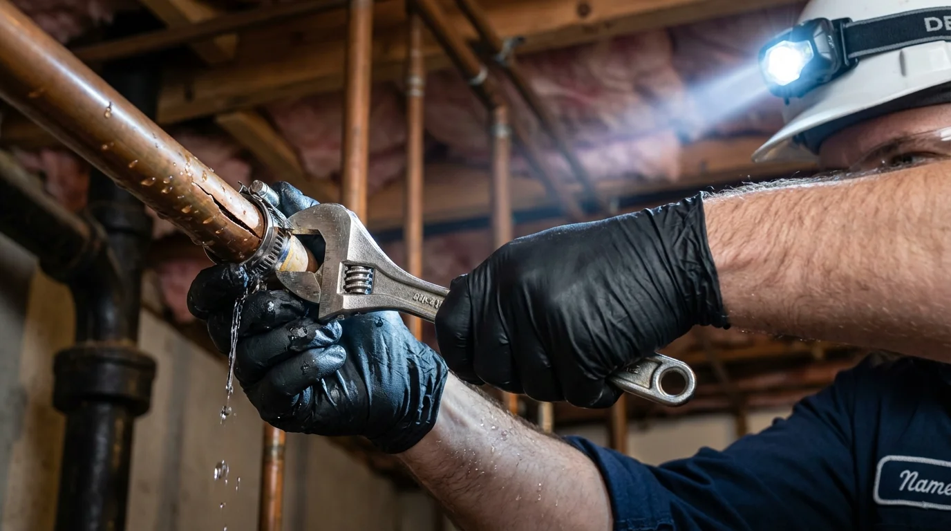 Emergency pipe clamp repair being performed by a Johns Plumbing LLC plumber in Sterling