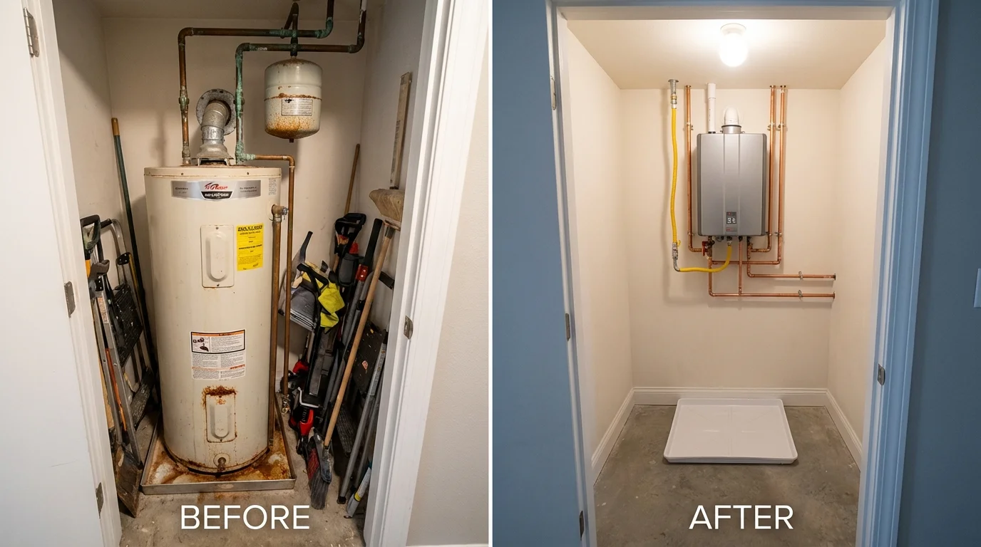 Tank water heater versus wall-mounted tankless unit comparison for Sterling, VA homeowners