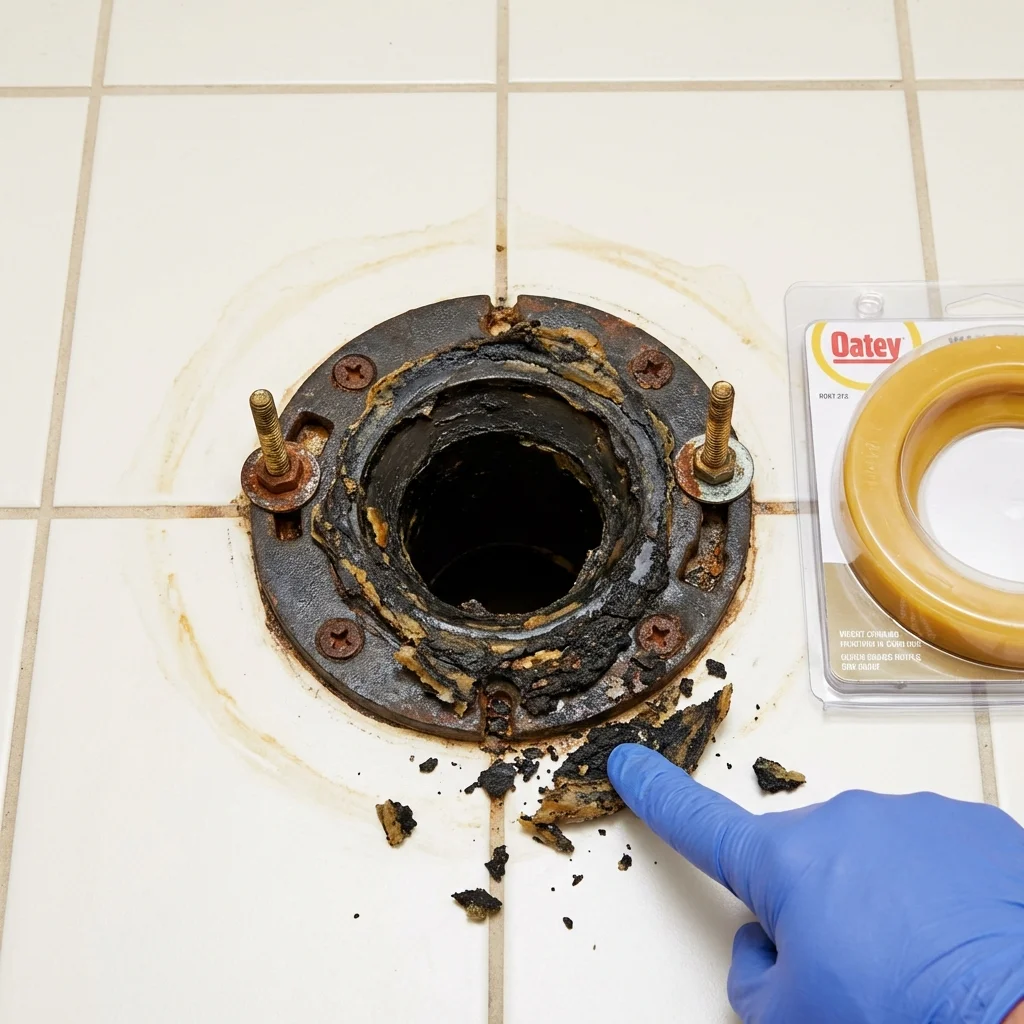 Failed wax ring showing water seepage at the base of a toilet in a Sterling, VA home