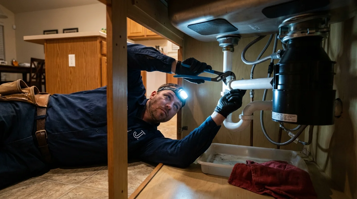 P-trap and supply line connections under a kitchen sink showing a common leak point in Sterling, VA
